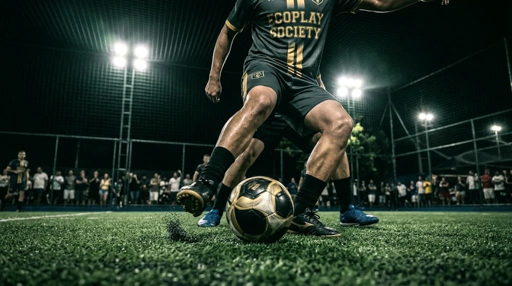 Jogador com a camisa da EcoPlay Society conduzindo a bola no gramado sintético