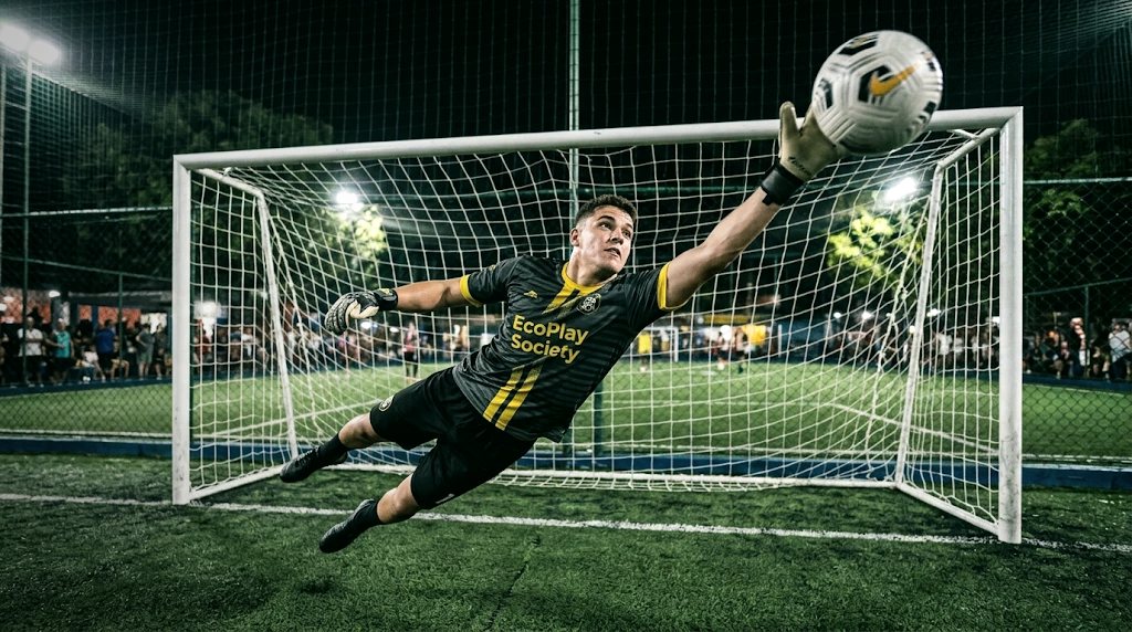 Goleiro com a camisa da EcoPlay Society voando para defender a bola no ângulo, em jogo à noite no campo society